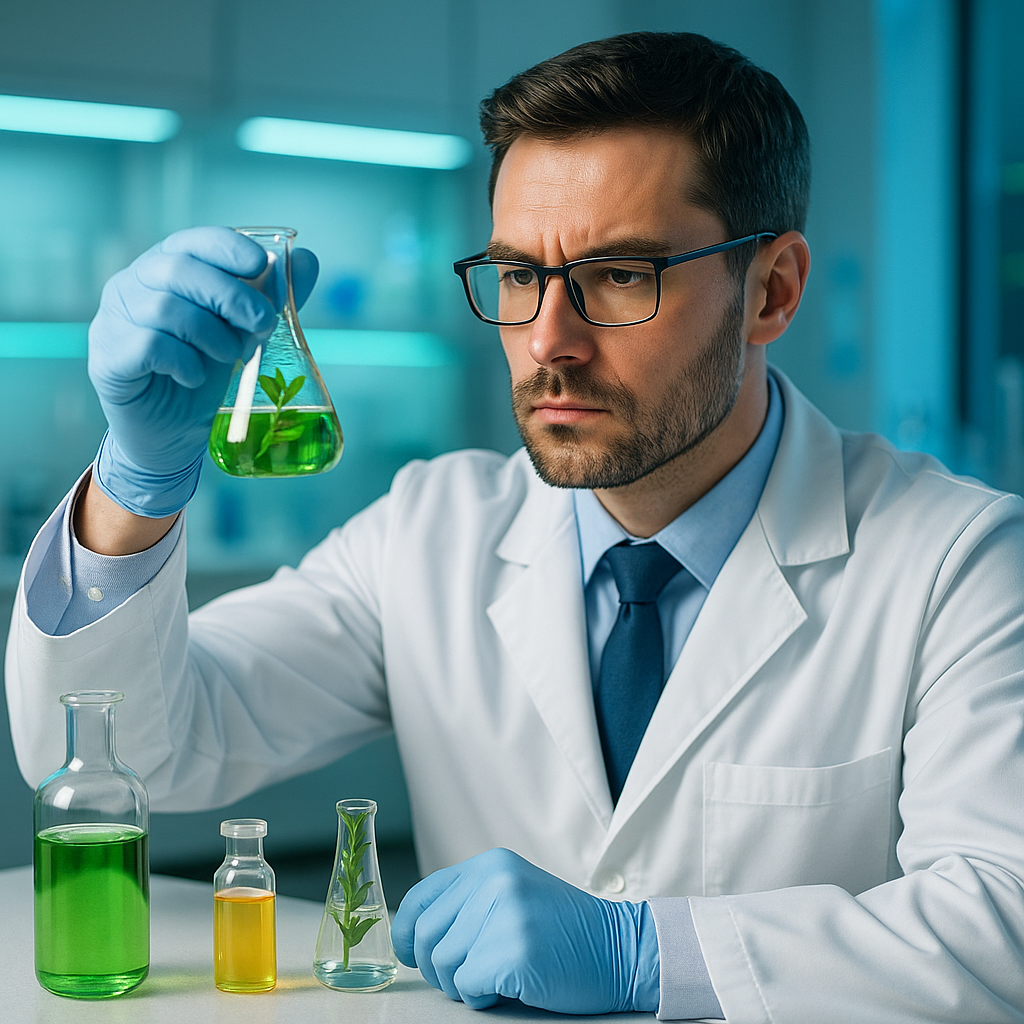 Scientist holding a beaker with green liquid in a laboratory setting