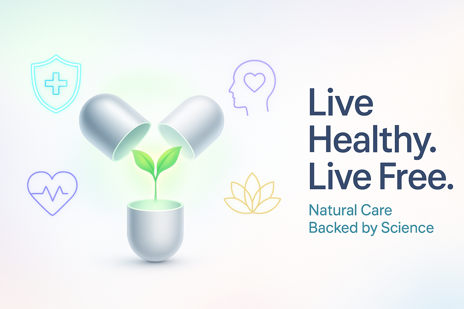 Two silver capsules with a green plant emerging, surrounded by health-related icons and the text 'Live Healthy. Live Free.