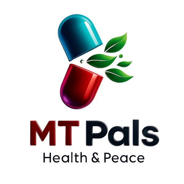Logo with two colorful capsules and leaves, featuring the text 'MT Pals Health & Peace' on a light gray background.