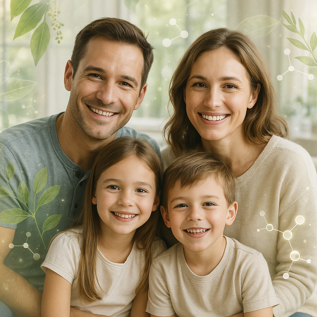 Family of four smiling in a warm, indoor setting with decorative elements.