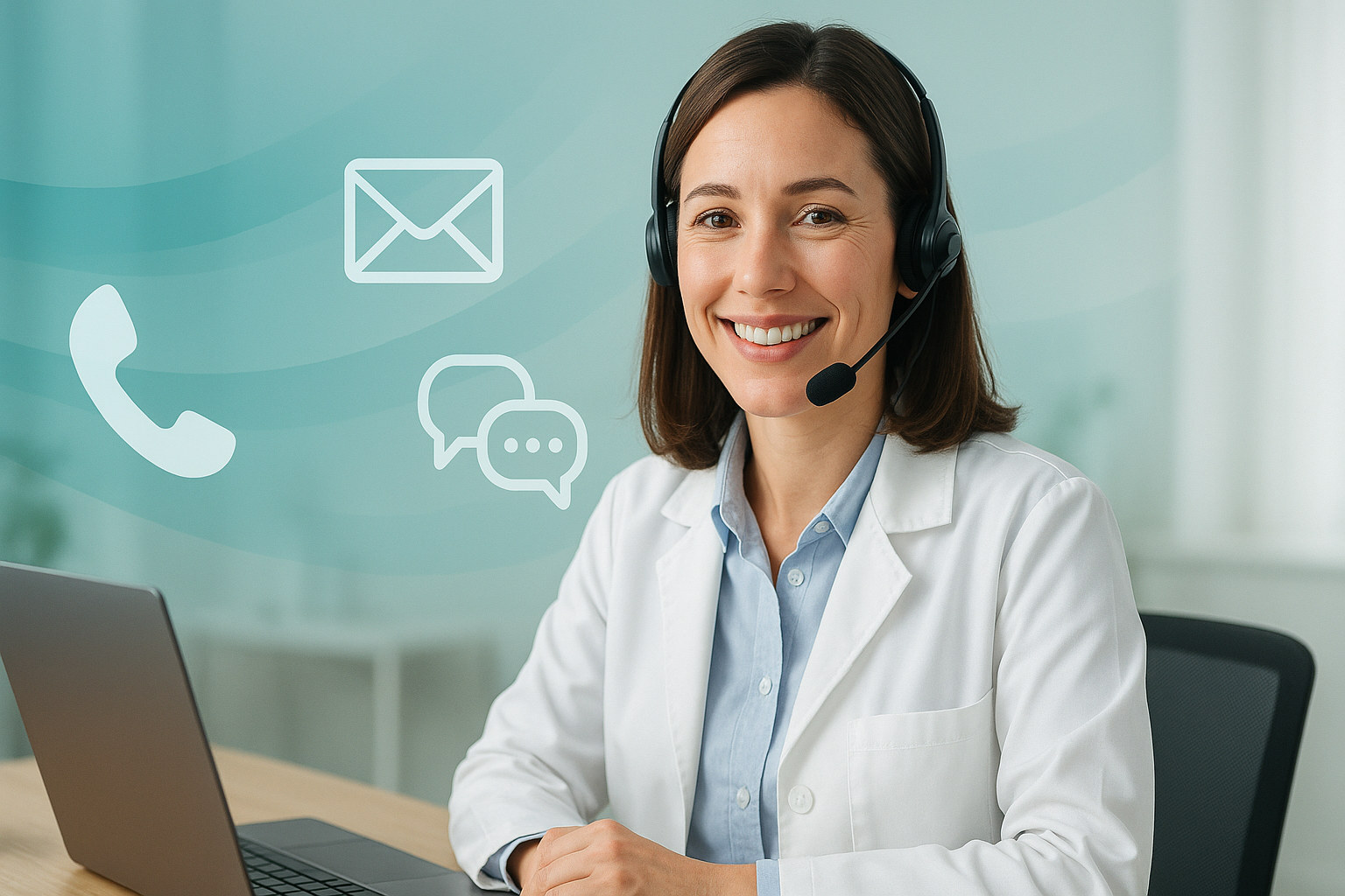 Woman in a white coat with a headset, sitting at a desk with a laptop, against a light blue background with communication icons.
