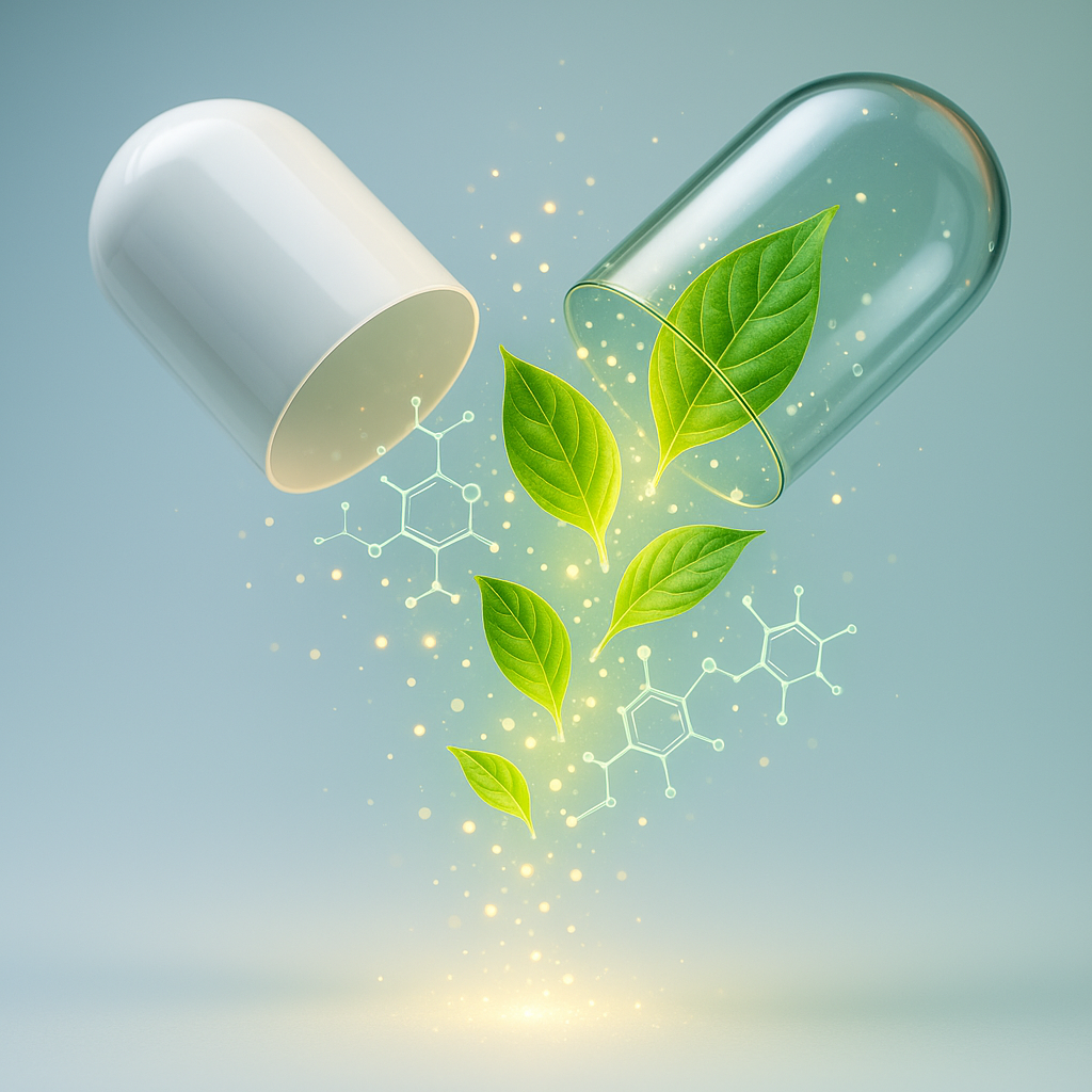 Two capsules with green leaves and molecular structures on a light blue background