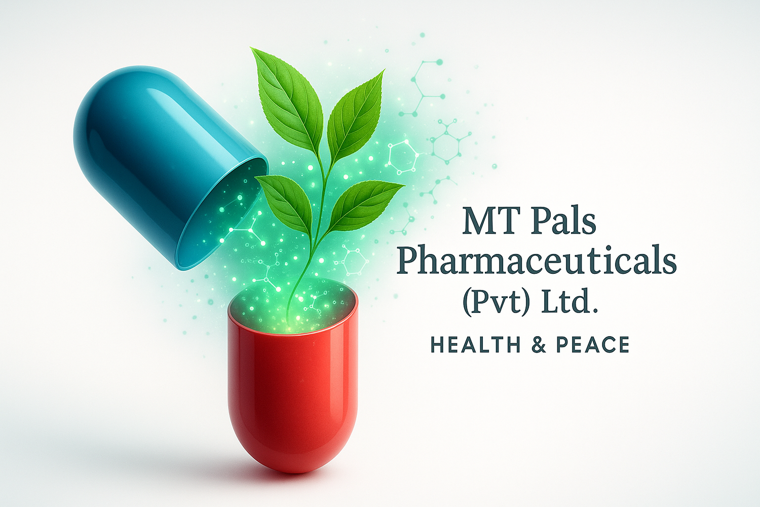 Red and blue capsule with a green plant emerging, representing MT Pals Pharmaceuticals (Pvt) Ltd.