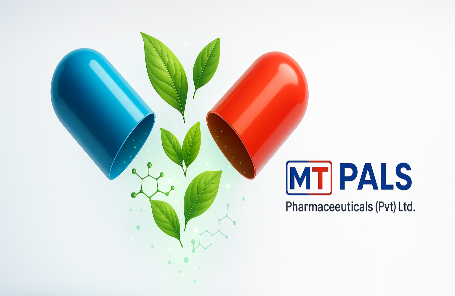 Two胶囊s, one blue and one red, with green leaves and the MT PALS logo on a light gray background.