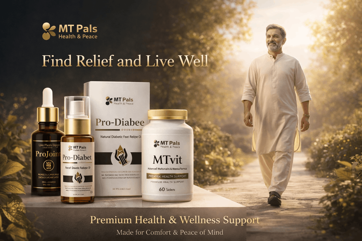 MT Pals health products with a man walking in a natural setting