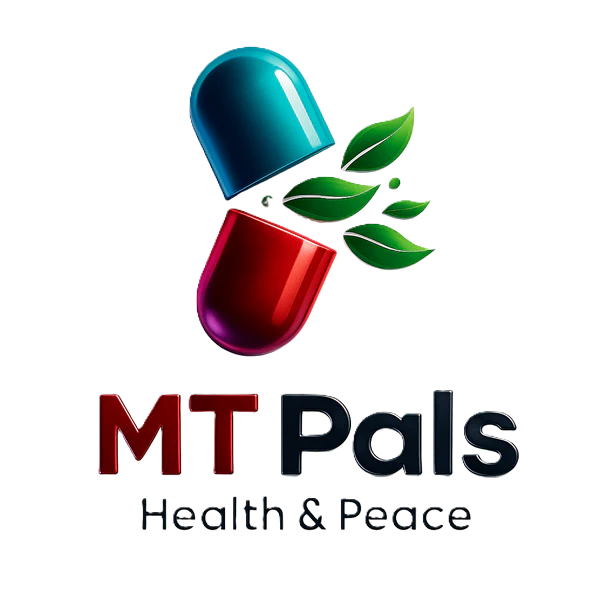 Logo with two胶囊shaped bottles and leaves, featuring the text 'MT Pals Health & Peace' on a white background.